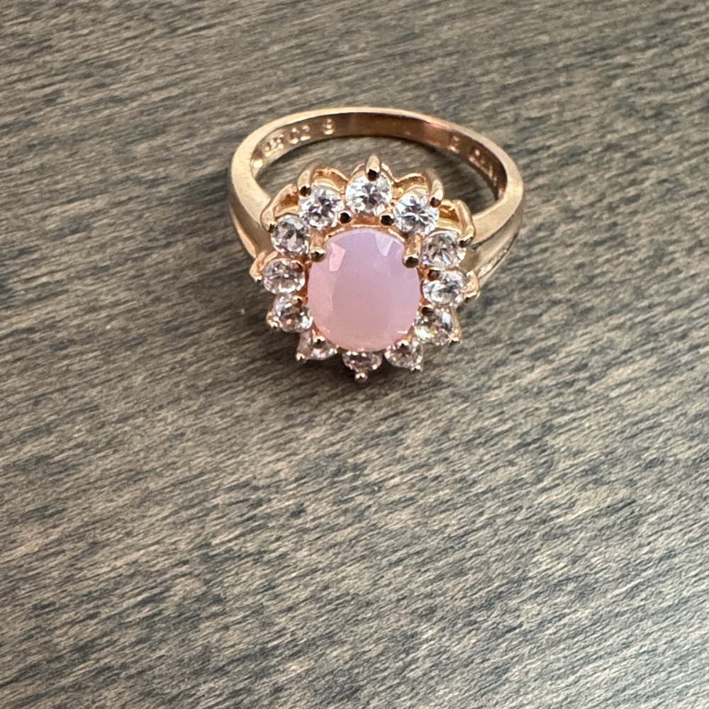 925 Sterling Silver Pink Oval CZ Halo Ring Size 8 Rose Gold Tone